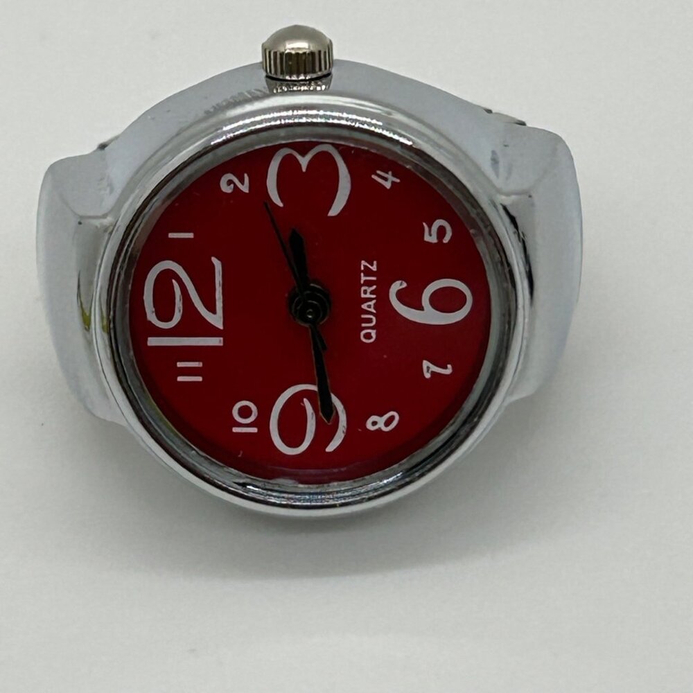 Silver-Tone Stretch Band Ring Quartz Watch With Red Face Adjustable Fit Works - Picture 7 of 10